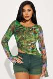 Sexy Mesh Printed Drawstring Top YD-8803