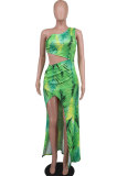 Sexy Slash Shoulder Print Split Two Piece Skirts Set XHXF-399