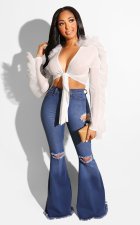 Patchwork Mesh Tie Up Lace Shirt SMD-24011