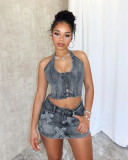 Sexy Denim Halter Tops Washed Two Piece Skirts Set CM-8717