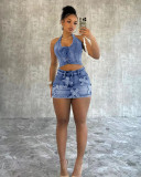 Sexy Denim Halter Tops Washed Two Piece Skirts Set CM-8717