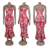 Sexy Sling V Neck Print Dress FSXF-591