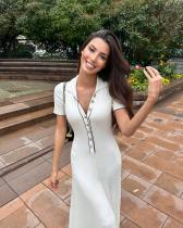 Fashion Patchwork Short Sleeve Knits Maxi Dress GFQS-1390