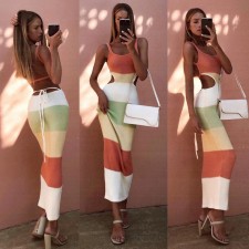 Striped Color Block Backless Knits Bandage Dress GFQS-0408