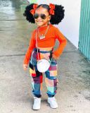 Kids Girls Solid T Shirt And Plaid Print Pants 2 Piece Set GYAY-M8010 