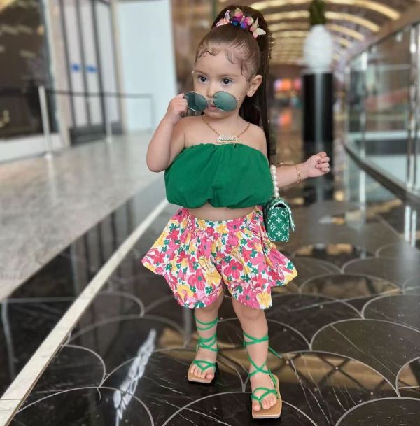 Kids Girls's Wrap Chest Tops And Floral Shorts 2 Piece Set GYAY-M8066 