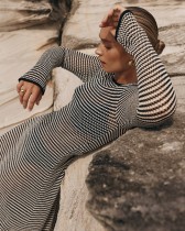 Mesh Stripe Long Sleeve Knits Maxi Dress GFQS-5510