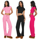 Solid Color Short Sleeve Pants Two Piece Set YD-8806