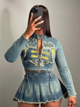 Embroidered Top Pleated Skirt Denim 2 Piece Set CH-88008