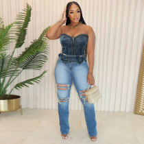 Washed Zipper Wrap Chest Tie Denim Top WAF-77648