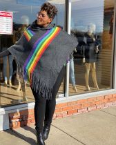 Rainbow Stripe Patchwork Tassel Hooded Poncho Top SMD-24017