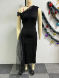 Mesh Patchwork Slash Shoulder Midi Dress NY-10753