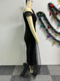 Mesh Patchwork Slash Shoulder Midi Dress NY-10753