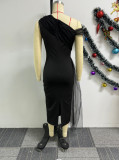 Mesh Patchwork Slash Shoulder Midi Dress NY-10753