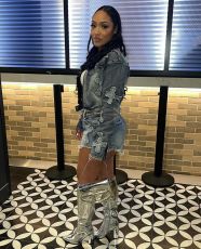 Embroidered Cross Denim Shorts Two Piece Set MEM-88552