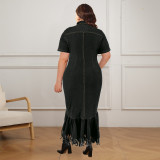 Plus Size Zipper Short Sleeve Denim Long Dress GDAM-218353
