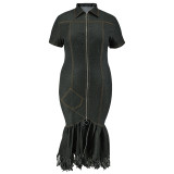 Plus Size Zipper Short Sleeve Denim Long Dress GDAM-218353