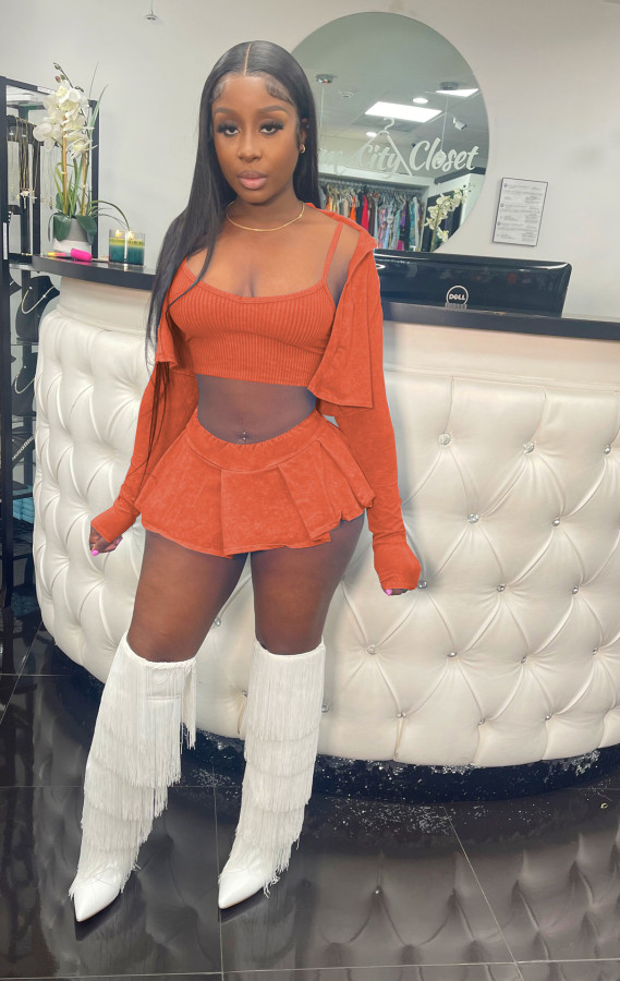 Solid Color Long Sleeve Vest 3 Piece Skirts Set QXLB-10076