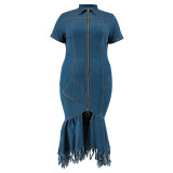Plus Size Zipper Short Sleeve Denim Long Dress GDAM-218353