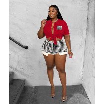 Tie Up T Shirts And Stripe Shorts 2 Piece Set QXLB-10022