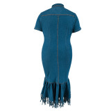 Plus Size Zipper Short Sleeve Denim Long Dress GDAM-218353