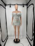 Cross V Neck Pleated Short Sleeve 2 Piece Set QXLB-10092