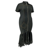 Plus Size Zipper Short Sleeve Denim Long Dress GDAM-218353