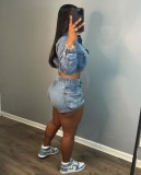Fashion Denim Long Sleeve Two Piece Shorts Set MEM-88571