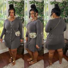Plus Size Single-breasted Solid Long Sleeve Midi Dress WY-7096