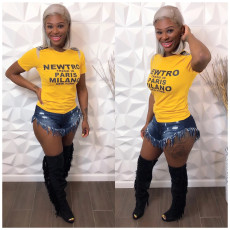 Letter Print O Neck T Shirts WY-7093