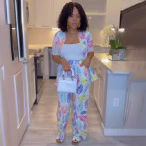 Leaf Print Short Sleeve Shirt Long Pants Set NY-10743