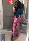 Metallic Glossy Small Flared Leather Pants  QODY-6014