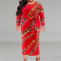 Plus Size Long Sleeve Print Belt Maxi Dress GDAM-218315