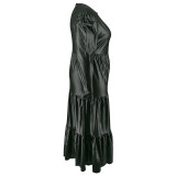 Plus Size PU Round Neck Long Sleeve Cake Dress GDAM-218355