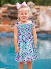 Kids Girls Fish Scale Print Tie Up Sling Midi Dress GYMF-092