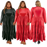 Plus Size PU Round Neck Long Sleeve Cake Dress GDAM-218355