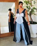 V-Neck Big Bow High Split Long Dress ZSD-0699