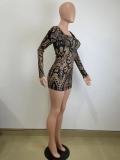 Sexy Long Sleeve Print Tight Mini Dress QODY-6009
