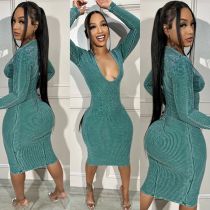 Long Sleeve V Neck Midi Dress GDIM-8040