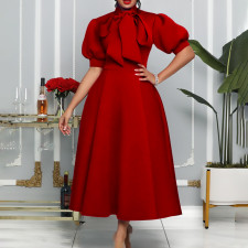 Tie Up Bow Solid Color Mid-Length Dress GCZF-8481