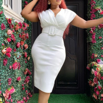 V Neck Solid Color Belt Midi Dress GCZF-8492P