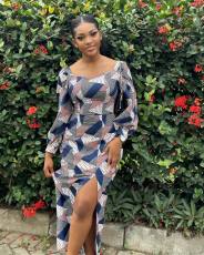 Casual Print Long Sleeve Split Midi Dress QODY-6008