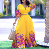 Fashion Print V Neck Top And Pants 2 Piece Set GCZF-8522