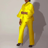 Solid Color Bubble Sleeve Two Piece Pants Set GCZF-8523