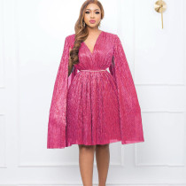 V Neck Long Sleeve Mantle Midi Dress(With Belt) GCZF-8543