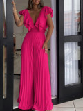 Deep V-neck Ruffled Wide Leg Jumpsuit GCZF-8574