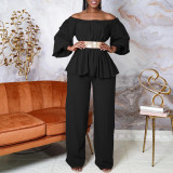 Off Shoulder Belt Long Sleeve Wide Leg Pants Fashion Suit GCZF-8535P