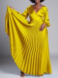 V Neck Long Sleeve Press Pleated Maxi Dress GCZF-8567