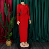 Pleated Mesh Patchwork Long Sleeve Maxi Dress GCZF-D190-C1
