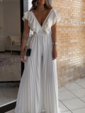 Deep V-neck Ruffled Wide Leg Jumpsuit GCZF-8574